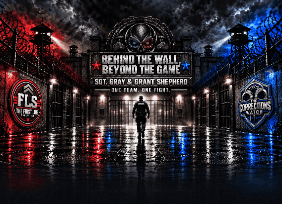 Animated combined logo: Behind the Wall, Beyond the Game, Sgt. Gray and Grant Shepherd, with flashing red and blue lights, The First Line Supervisor and The Corrections Watch crests.